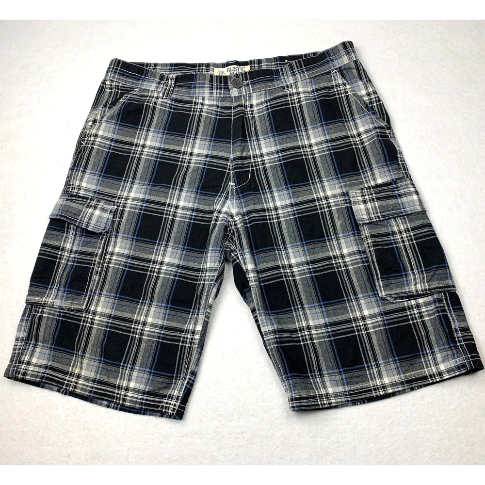 Rustic Blue Mens‎ Plaid Cargo Shorts Black Grey White Size 36 Cotton PN 130956